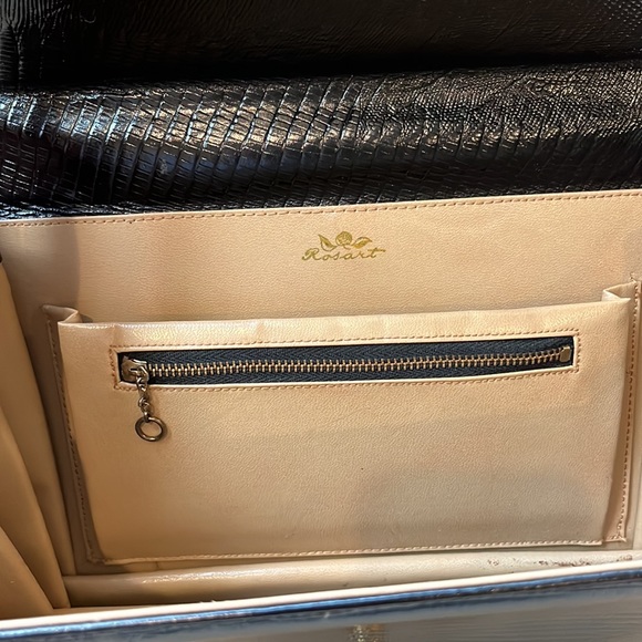 Rosart Vintage Satchel Black Handbag Embossed Croc & Handel with Gold Roses - Picture 12 of 16